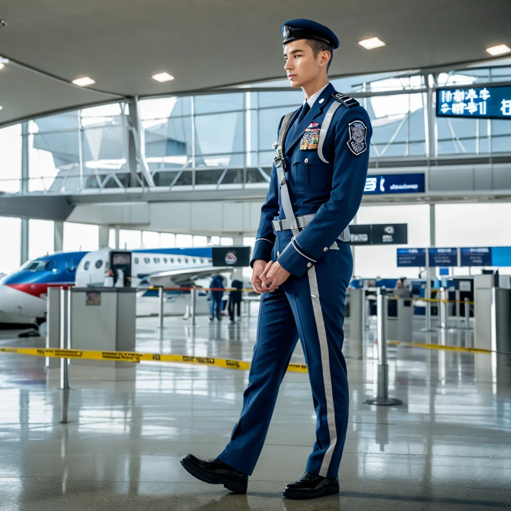 A man wears aviation security uniform, standing in the runway of an airport 