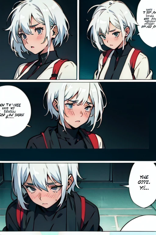 Girl with short white hair small, coughing and crying, manga page with panels and dialogue  