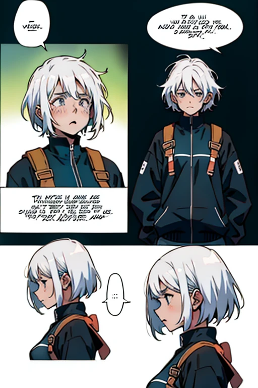 Girl with short white hair small, coughing and crying, manga page with panels and dialogue  