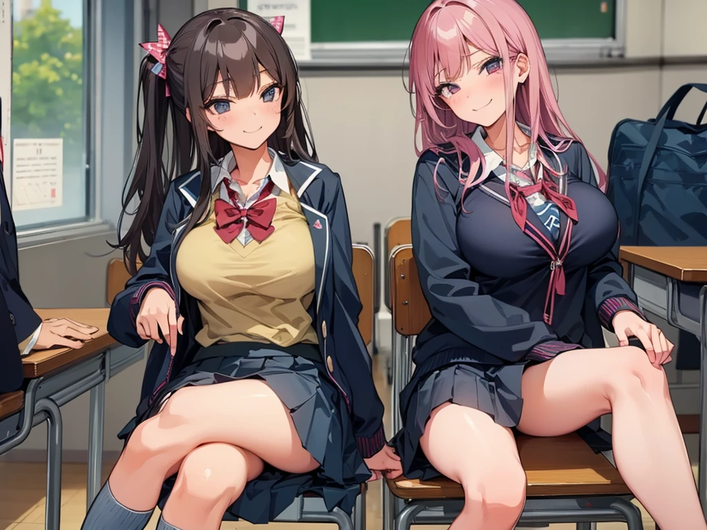 high school girl、Dressed in high 、School classroom、(Big Breasts)、((独奏))、alone、smirk,Cheek resting on hand、Crossing legs
