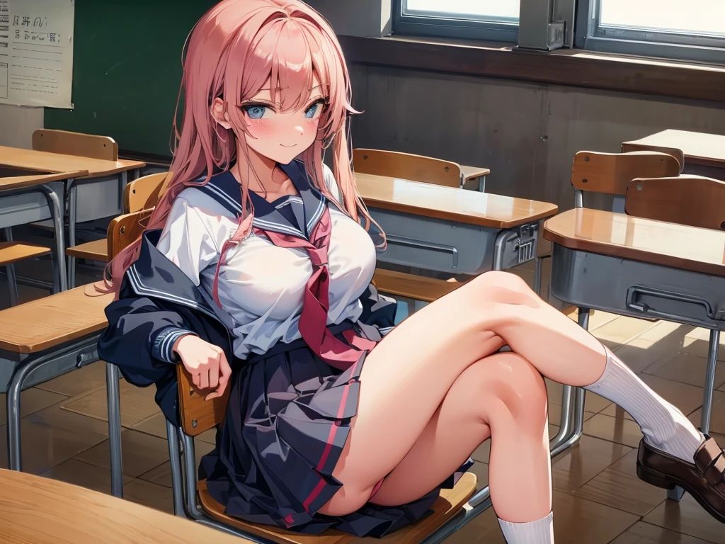 high school girl、Dressed in high 、School classroom、(Big Breasts)、((独奏))、alone、smirk,Cheek resting on hand、Crossing legs