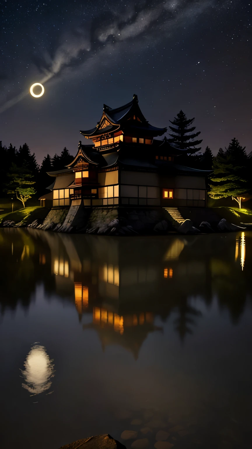 A traditional Japanese castle with multi-tiered roofs and white walls illuminated against a dark night sky. The castle is beautifully reflected in the still water in front of it., Create a perfect mirror image. There is a crescent moon in the sky to the left of the castle.、It is reflected on the water surface。. The castle is surrounded by stone foundations, Surrounding trees々is partially visible in the background. The overall atmosphere is calm and mysterious., The contrast between the illuminated castle and the dark surroundings is emphasized..
