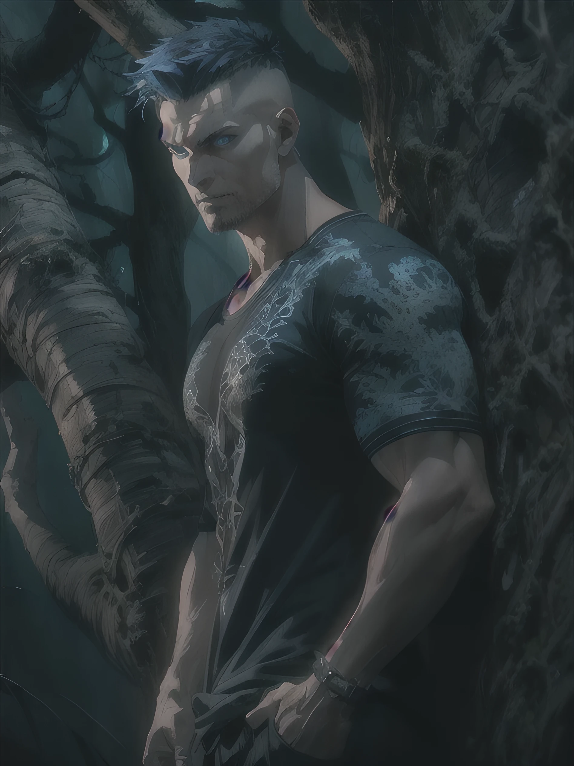 a tall boy with dark blue hair, defined muscular body, wearing a black shirt with a tree print pattern, piercing blue eyes, in a fantasy world, (best quality,4k,8k,highres,masterpiece:1.2),ultra-detailed,(realistic,photorealistic,photo-realistic:1.37),dramatic lighting,cinematic composition,intricate details,highly detailed face,chiaroscuro lighting,moody atmosphere,dramatic lighting,cinematic composition,epic fantasy,dramatic colors,dramatic lighting,dramatic shadows,dramatic highlights,dramatic mood