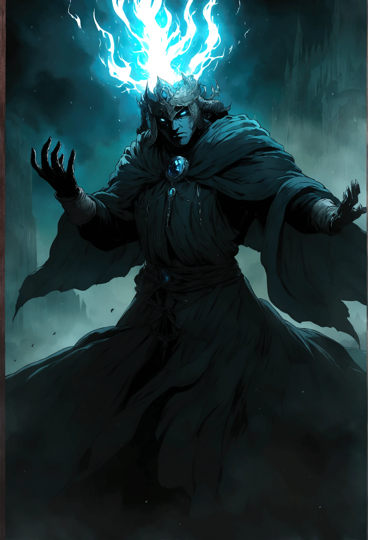 illustration in anime style, a magician guy fights using magic, in the style of Elden Ring, dark souls, an atmosphere of darkness and gloom, the magician's eyes are checked with blue light