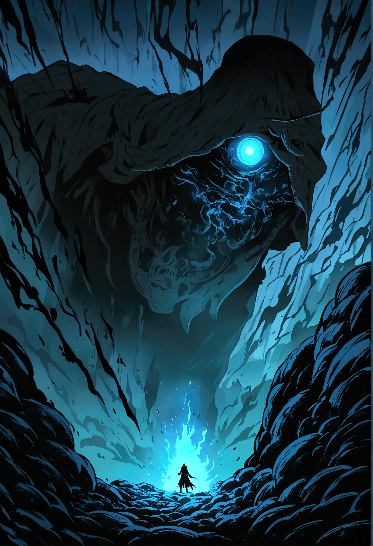 illustration in anime style, a magician guy fights using magic, in the style of Elden Ring, dark souls, an atmosphere of darkness and gloom, the magician's eyes are checked with blue light