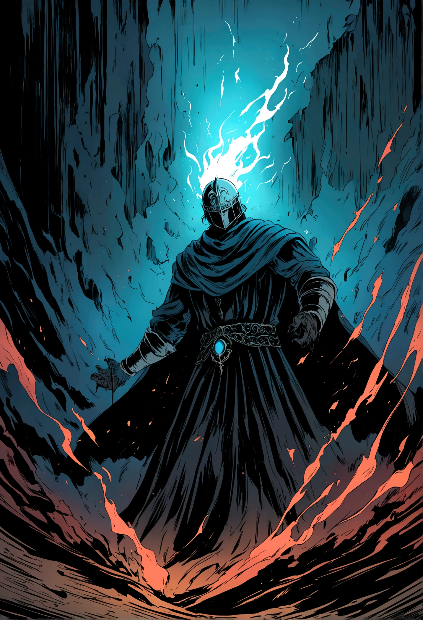 illustration in anime style, a magician guy fights using magic, in the style of Elden Ring, dark souls, an atmosphere of darkness and gloom, the magician's eyes are checked with blue light