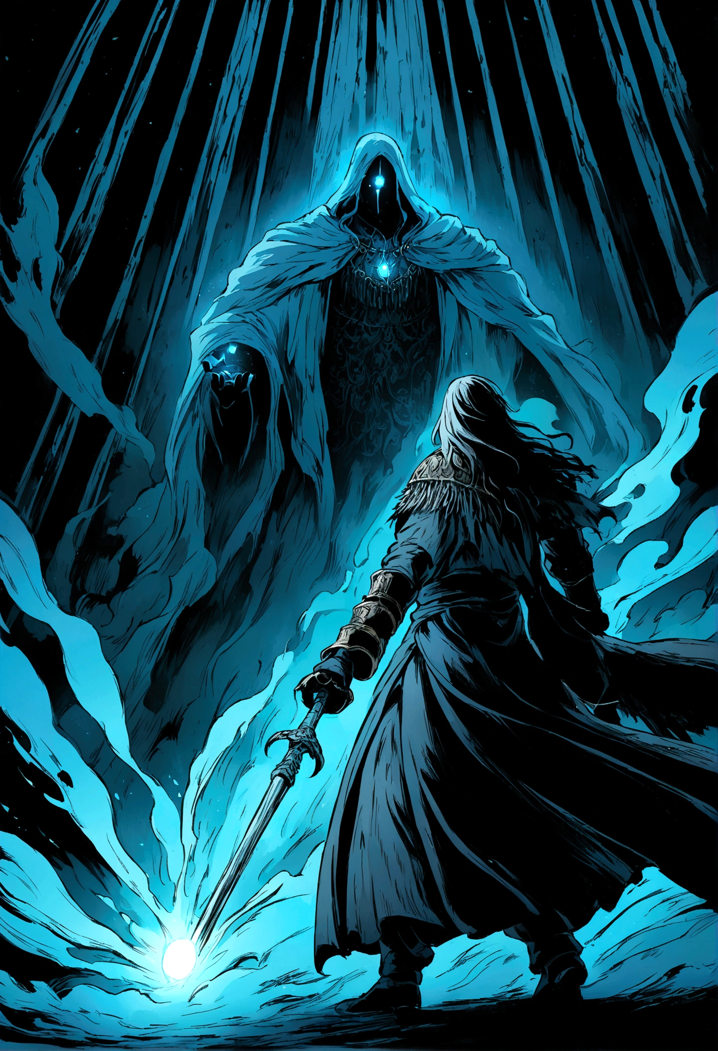 illustration in anime style, a magician guy fights using magic, in the style of Elden Ring, dark souls, an atmosphere of darkness and gloom, the magician's eyes are checked with blue light