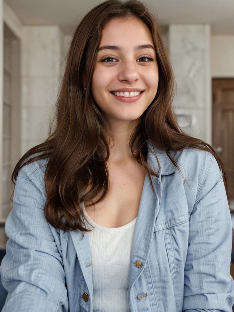 one cute women, 20YO, white, Arab, cute face, realistic brown eyes, blue jacket, brown hair, cute smile, skinny face, white realistic teethes, big eyes, long hair