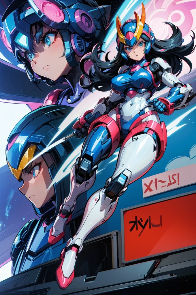 one woman, a female version of Mega man; Full body image, fighting Doctor Dr. Wiley's robots; futile scenery, big breasts, youthful face, detailed eyes, very sensual outfit, wearing Mega Man helmet, clothes identical to the 1994 animated series, character, destruction scene, frontal scene, with several enemies around.
