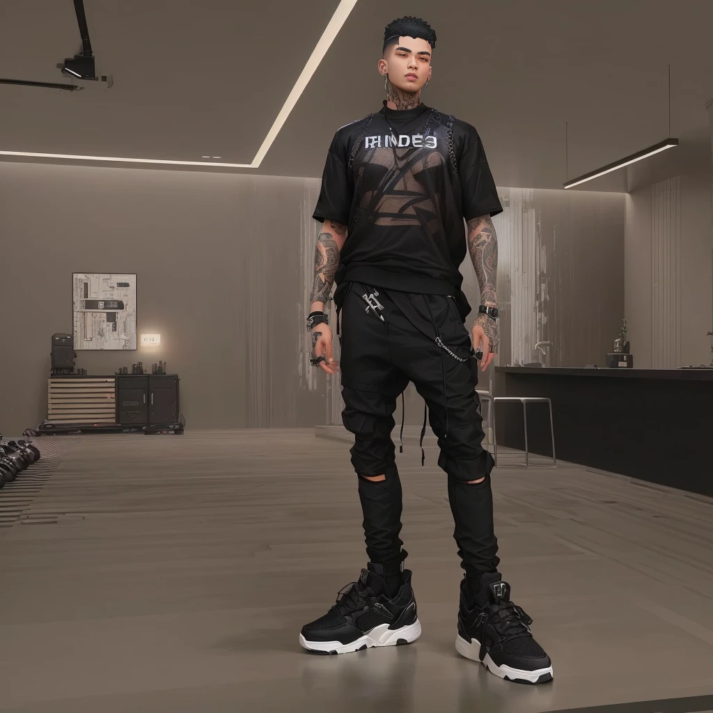 arafed man in a black shirt and black pants standing in a room, imvu, casual streetwear, techwear look and clothes, wearing urban techwear, in the style of sifu 🔥 😎 🕹️ 👀 :2, expensive outfit, wearing space techwear, fullbody, mechanic punk outfit, in the style jordan grimmer, streetwear fashion