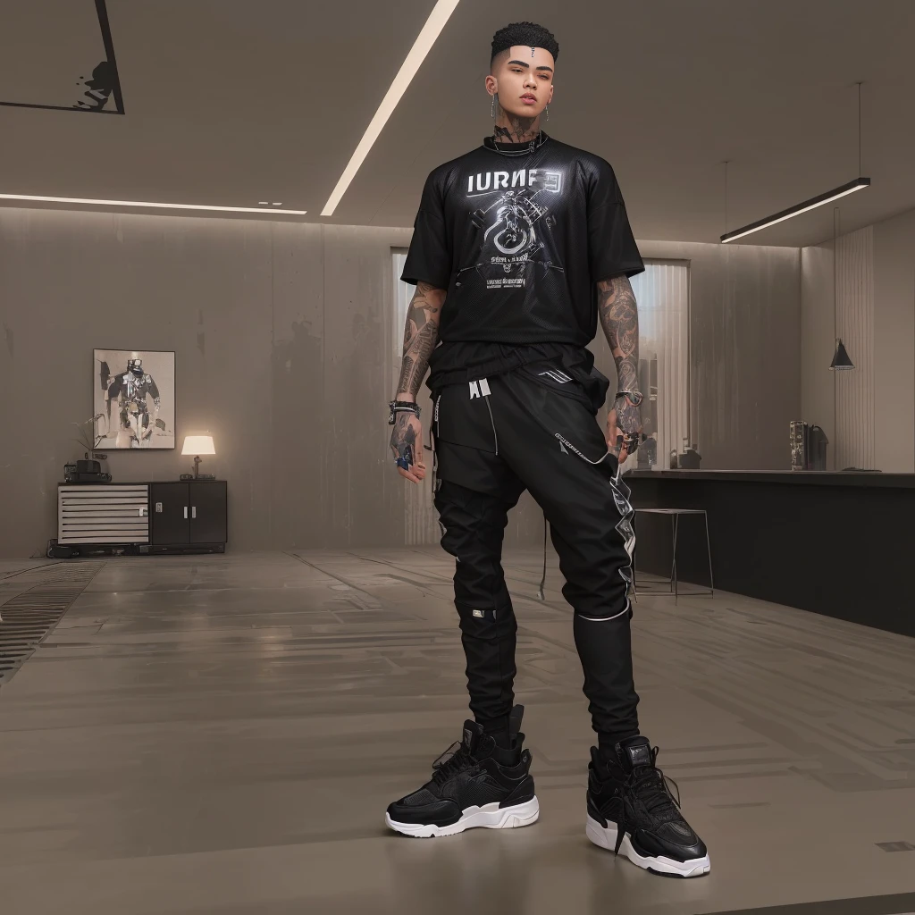 arafed man in a black shirt and black pants standing in a room, imvu, casual streetwear, techwear look and clothes, wearing urban techwear, in the style of sifu 🔥 😎 🕹️ 👀 :2, expensive outfit, wearing space techwear, fullbody, mechanic punk outfit, in the style jordan grimmer, streetwear fashion