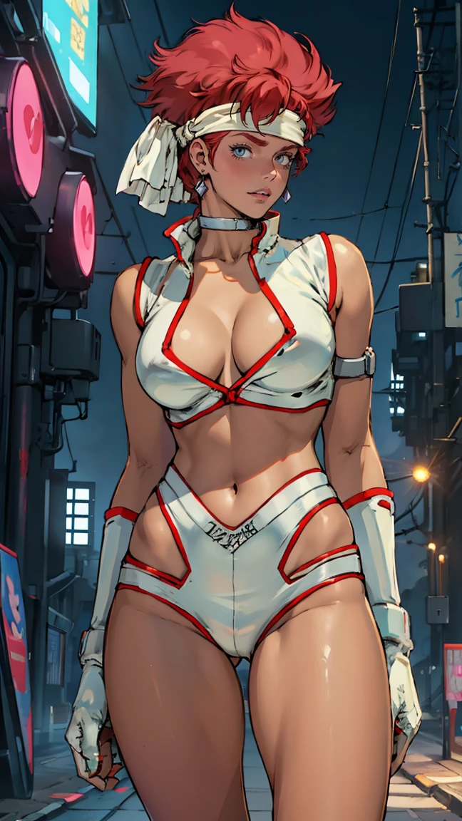((Masterpiece, highest quality; 1.3)), super quality, beautiful detail, super detailed, extra fine, 16K, exquisite, absurd, high resolution, beautiful background, detailed background, beautiful eyes, beautiful skin, anime style, Kay from Dirty Pair in a white outfit, tight outfit, cleavage, bushy redhead beauty, very light blue uniform, wearing tight clothes, skimpy, (mid chest: 1.2), cleavage, cleavage, slim waist , thin waist, slim thighs, thin legs, slim legs. thigh gap, showing stomach, skinny, thin hips, cyberpunk city background, retro space gun holding, headband,