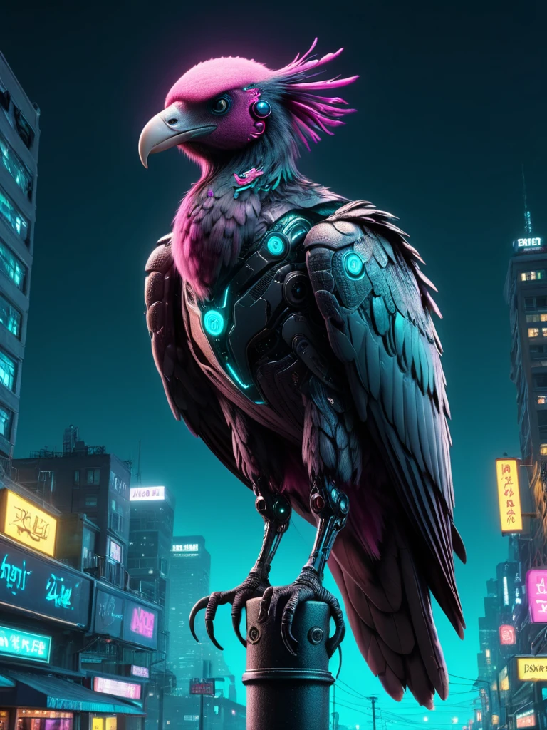 cyberpunk Vulture on lamp post, dark dynamic pose, cityscape with neon lights, night scene, teal, magenta, yellow, (masterpiece:1.2), (best quality,4k,8k,highres,ultra-detailed:1.37), (hyperdetailed, highest detailed:1.2), high resolution textures, 