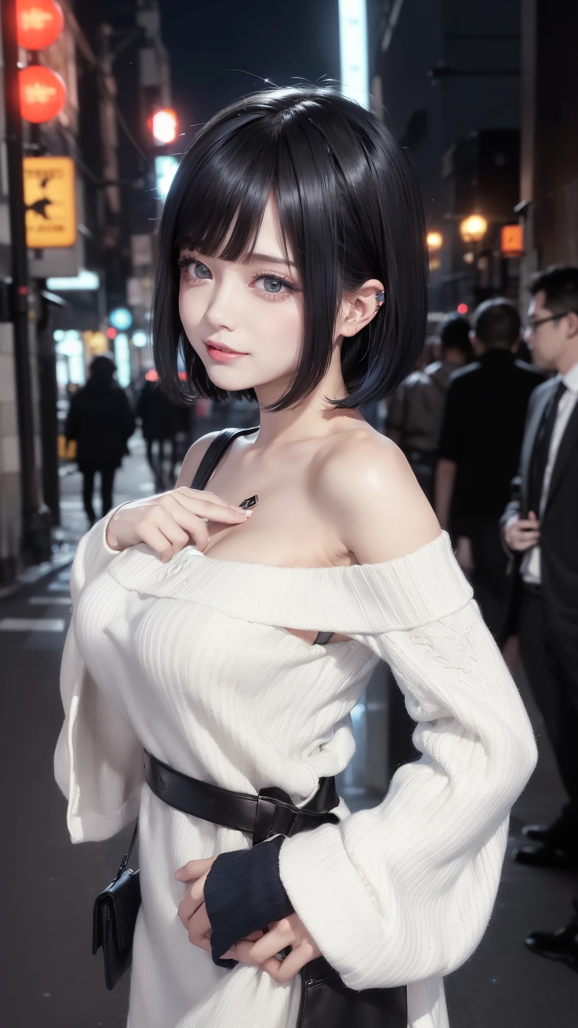 (Safety Sensor、sfw:1.8, Approved as safe、Can be viewed:1.8),masterpiece、masterpiece、highest quality、highest quality、Accurate the human body、Lighting to suit the mood、Accurate、Elaborate、masterpiece、Exquisite facial detail、Detailed Background、Background Blur、Detailed and beautiful background、Accurate 5-finger、Accurate human body、The perfect human body、
BREAK、

(Straight short bob hair:1.8、 Blackhair & blue hair、Heavy bangs:1.2、White skin、Super big boobs:1.5、ネオンライト、 night:1.6, Dim lighting:1.8, jirai girl:1.5, jirai makeup:1.3), Outdoor、 Side zip off-the-shoulder sweater、No underwear:1.5,Vulgar Grin:1.8, Mesgaquismiles:1.8、Sexually provocative girl:1.8、Downtown at night、Big city、A street corner in the red light district at night、crowd:1.8