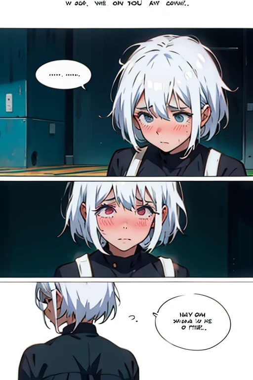 Girl with short white hair small, sick and crying tears, manga page with panels and dialogue  
