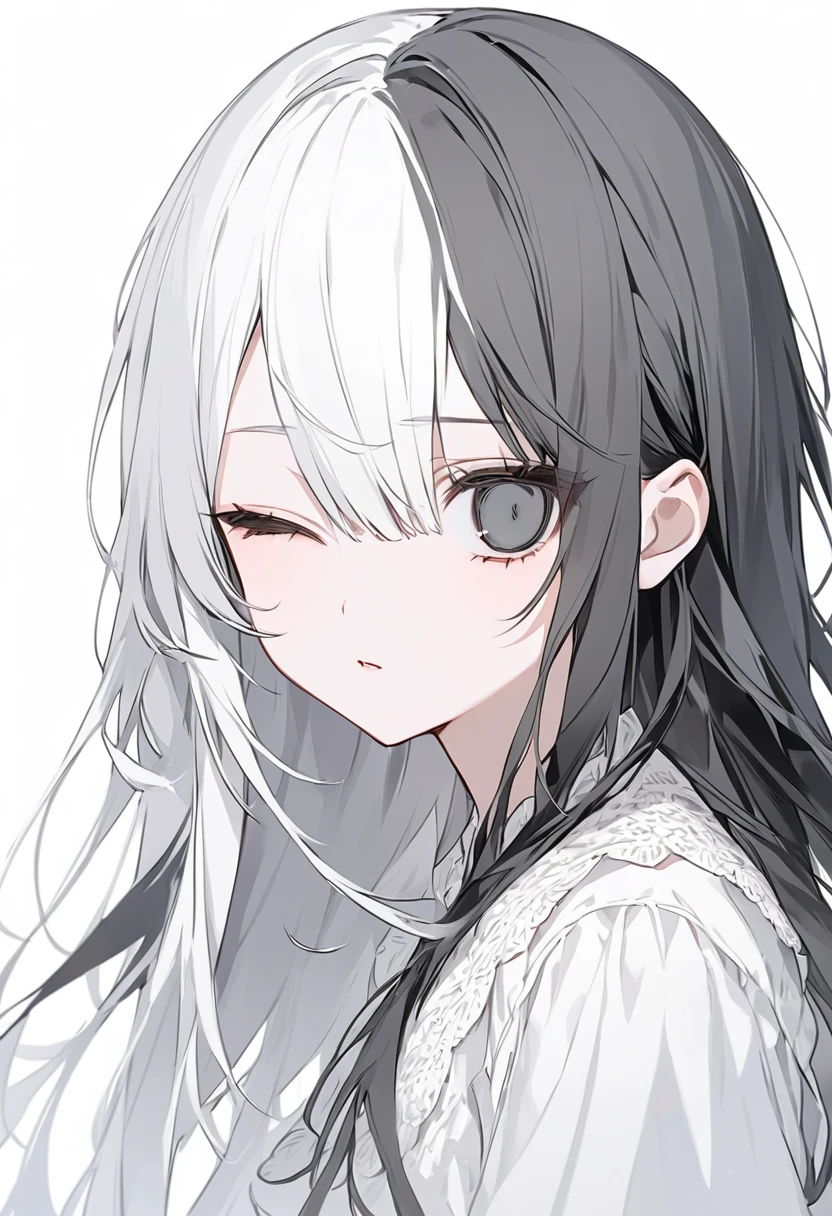 Black and White、Girl、Black and white hair、Black and white mixed、Black and white mixed髪、Half Black、Half white、Long Hair、Odd Eye、Odd Eye 左目が白色 右目が黒色、Left eye is white、Left eye is white、Right eye is black、Right eye is black、全体的に黒と白が混ざったGirl、Black and WhiteのGirl、White background、白と黒のGirl、White Room、黒色と白色のGirl、emotionless、Calm