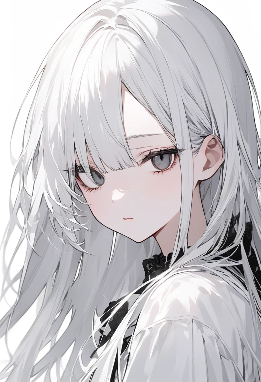 Black and White、Girl、Black and white hair、Black and white mixed、Black and white mixed髪、Half Black、Half white、Long Hair、Odd Eye、Odd Eye 左目が白色 右目が黒色、Left eye is white、Left eye is white、Right eye is black、Right eye is black、全体的に黒と白が混ざったGirl、Black and WhiteのGirl、White background、白と黒のGirl、White Room、黒色と白色のGirl、emotionless、Calm