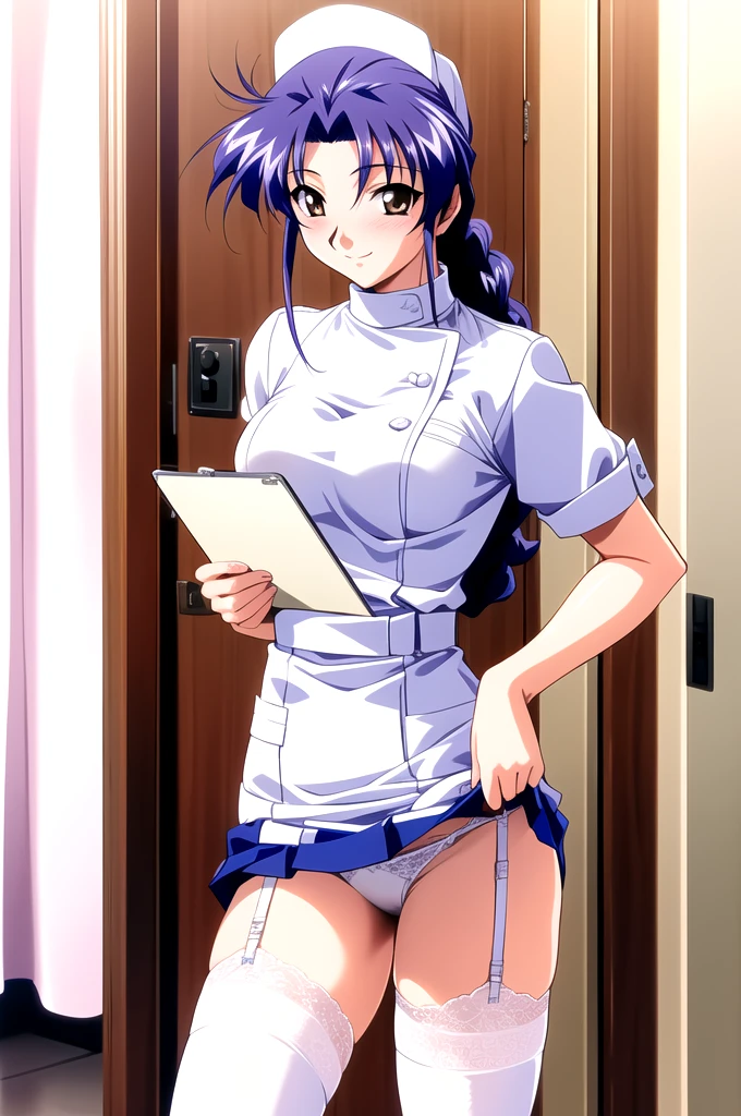 Innai Kansen - Sugimura Hiroko Innai Kansen - Sugimura Hiroko, masterpiece, best quality, a sexy mature nurse in a white uniform while stand posing in a hospital room holding a clipboard and showing panties, 1girl, nurse outfit, skirt, skirt lift, 独奏, nurse cap, high leg panties, thigh highs, lacy underwear, hat, breasts, garter straps, seductive smile, clothes lift, white thigh highs, white panties