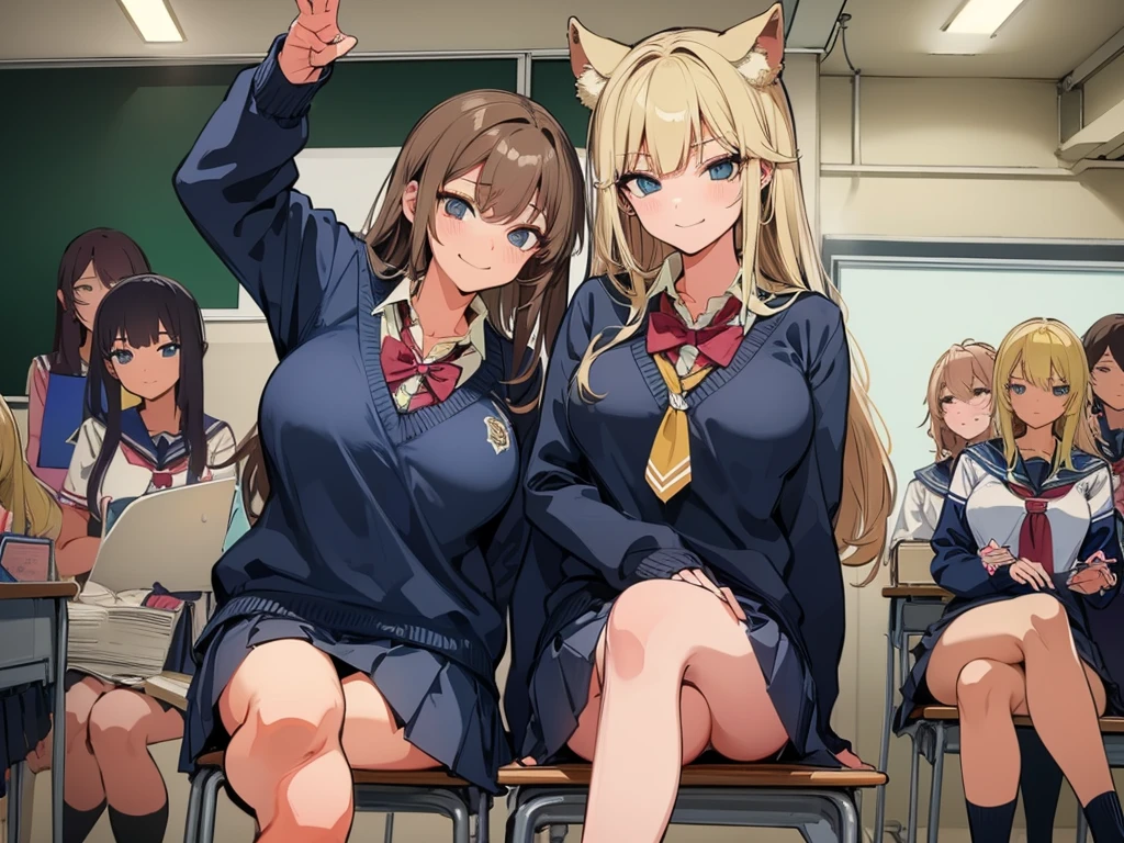 high school girl、Dressed in high 、School classroom、(Big Breasts)、((独奏))、alone、smirk,Crossing legs