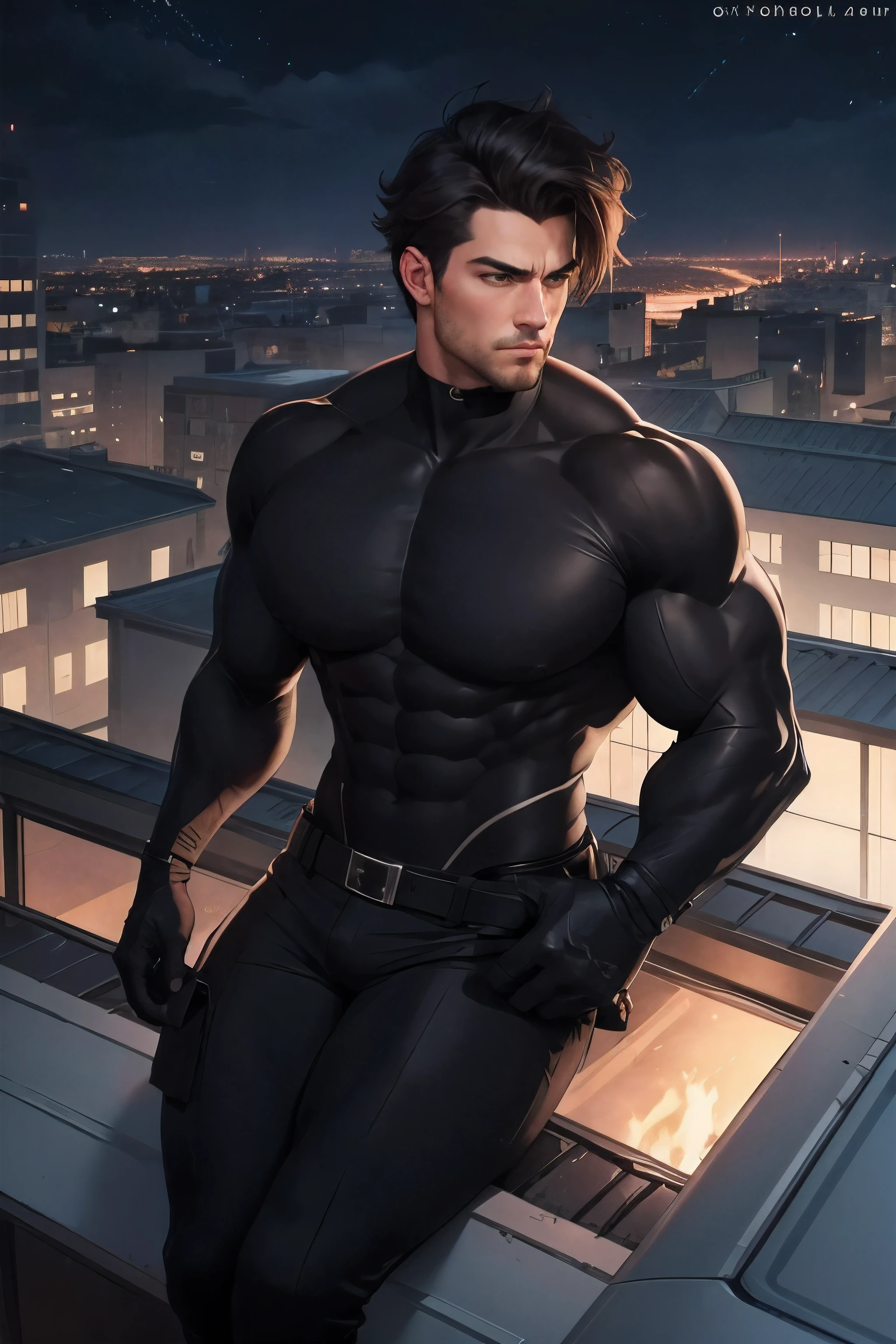 a handsome muscular male spy in a tight black spy costume, highly detailed face, beautiful eyes, sharp facial features, big pectorals, muscular build, oppai, super buff, on top of a skyscraper, city skyline in the background, cyberpunk style, high resolution, strong and imposing, thicc, hiding in the rooftops, dramatic lighting, cinematic, photorealistic