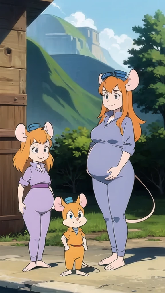 CARTOON_gadget_hackwrench mouse, mouse girl, orange hair, jumpsuit, goggles on head, bare feet, animal feet, smiling, long mouse tail, hyper-pregnant 