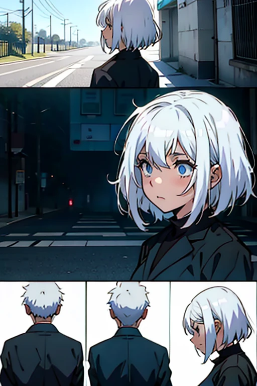 Girl with short white hair small, sick and dying, manga page with panels and dialogue