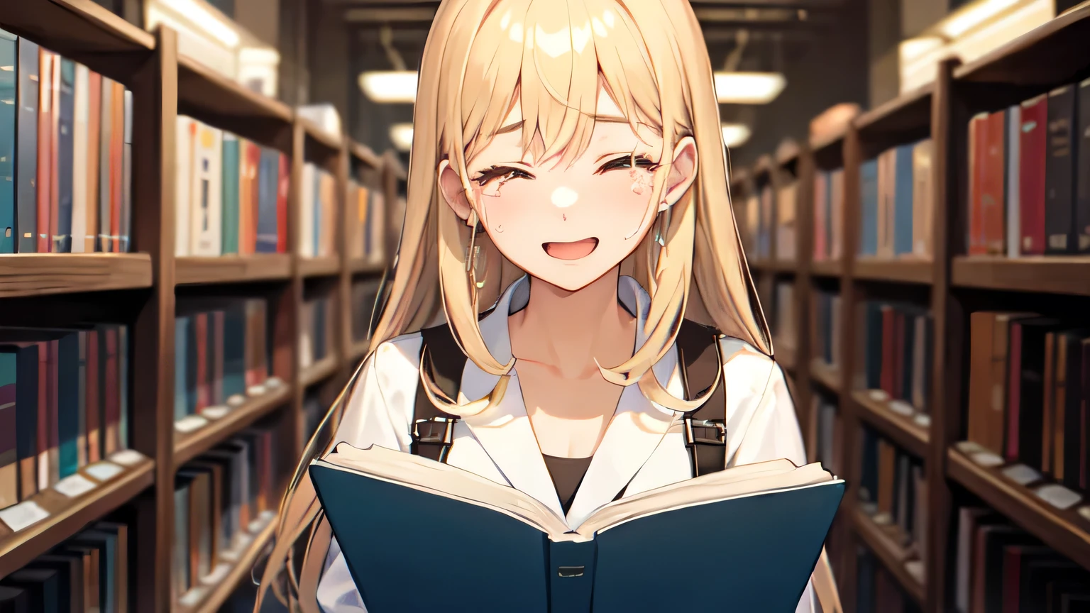 ((Highest quality)), ((masterpiece)), (detailed), One girl,  library、Reading a book、Crying and laughing、blonde、Smooth Hair、Close ~ eyes、