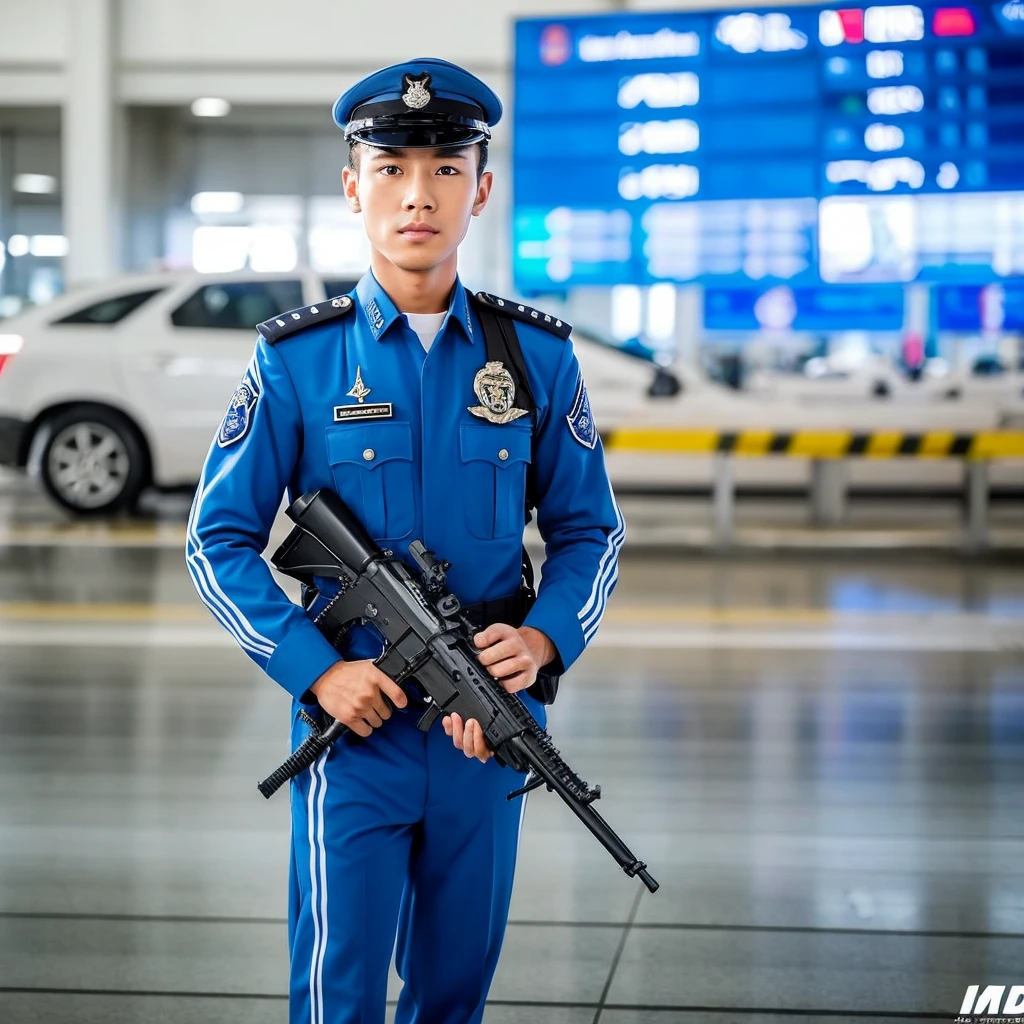A man wears aviation security uniform, his face has an indonesian looking. standing in the runway of an airport