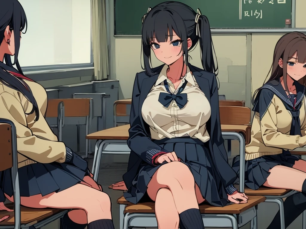 high school girl、Dressed in high 、School classroom、(Big Breasts)、((独奏))、alone、smirk,Cheek resting on hand、Crossing legs