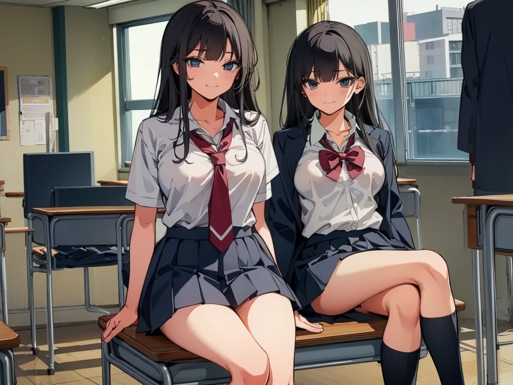 high school girl、Dressed in high 、School classroom、()、((独奏))、alone、smirk,Cheek resting on hand、Crossing legs