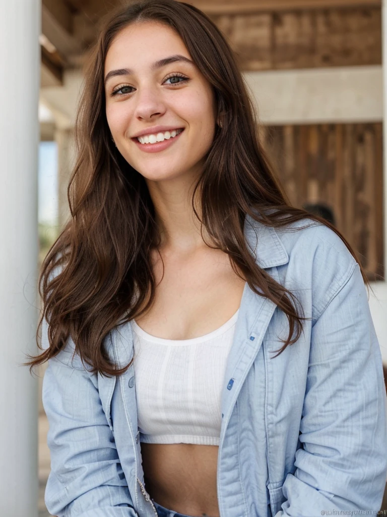 one cute women, 20YO, white, Arab, cute face, realistic brown eyes, blue jacket, brown hair, cute smile, skinny face, white realistic teethes, big eyes, long hair