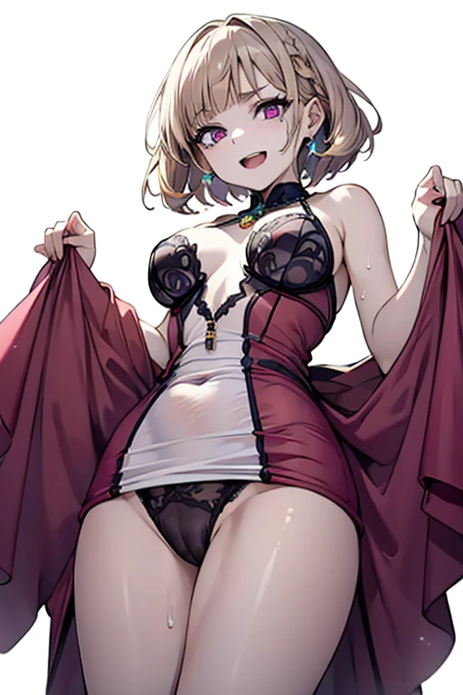 1 girl ,at famous background in italian cafe,purple color hair、Purplish pink eyes that dreamers desire, (Blonde hair) , small stature, Colossal , Lori, (masutepiece:1.2, Best Quality), (finely detailed beautiful eye: 1.2), (beautifull detailed face), (Best Illumination, extremely delicate and beautiful), ((Cinematic Light)), Dramatic light, (Pale white background:1.5), Short bob hair（1:3）、Ultra Contrast、Braid a little around the ears, White long dress、only has 5 fingers、、Her  is visible through the white thong、Wet pants、You can see inside your underwear、full of sweat、mocking look、diaper、nffsw,Arms crossed、grab the arm、Shoot from above、The angle is as seen from below.、Best Quality、Large breastuscular pussy、Pubic hair,high-level image quality、hightquality、8K,perfect hand、5 fingers、finger pin、Perfect Finger、T back、Naked、noise cut、bullet hand、Her hair color should have been a brighter purple.The skirt part is also carefully expressed..、Purple skirt、the skirt is floating in the wind、Dark purple panties、Pubic hair majority,A scene of make cooking Carbonara Pasta in the kitchen,(with sparkling eyes and a contagious smile),open mouth, Looking at Viewer, 