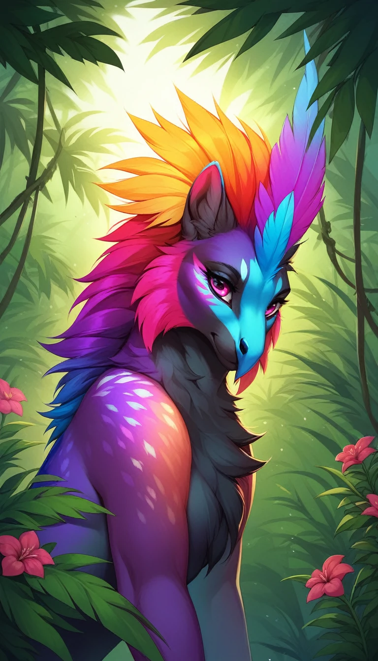 ((Masterpiece)),((best quality))solo,feminine male,dragon,shark,hybrid,green eyes,purple skin,long purple hair,stars,rose field,paws,face detail
