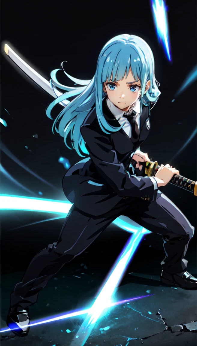 ((Pitch black background:1.5))、((Blue aura effect from the whole body:1.8))、Japanese sword in the scabbard、(Spread your legs,Iai Stance:1.2),(Very detailed CG Unity 8k 壁紙),(masterpiece),(Highest quality),(Very detailed),(Best illustrations),(Best Shadow),(Absurd), Sugarcane Haze, One Girl, alone, Blue Hair, tie, Long Hair, blue eyes, bangs, Jacket, shirt, View your viewers, formal, suit, white shirt, black tie, blunt bangs, Full body image, collared shirt, Mouth closed, blazer, Long sleeve, Straight hair, Wing Color