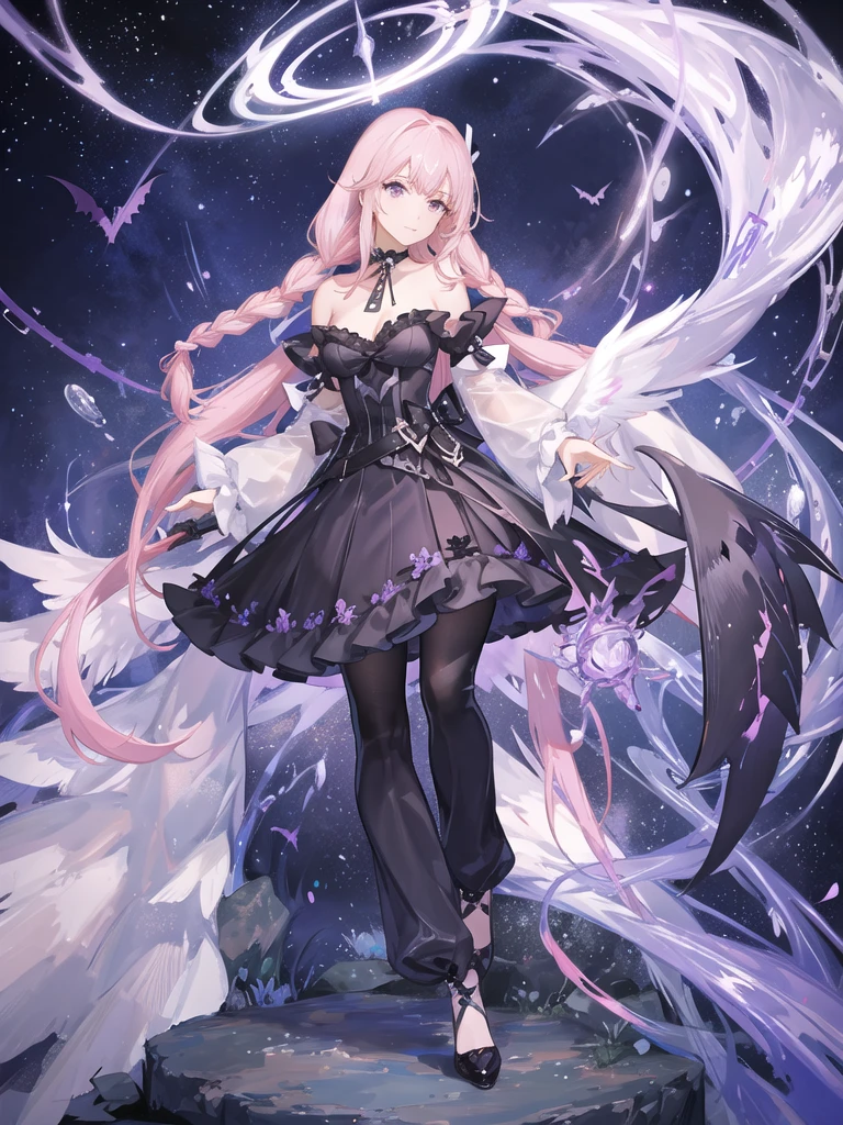 girl,full body,(detailed face:1.2), Masterpiece, fashion,black dress,, medium hair, light pink purple hair, purple pink eyes,There are wings hanging on the head.,white background,vtuber,full HD,The bat wings on the left side of the head are white.,Long hair braided in the back,Shoulder length front hair,purple highlighted hair color,There is a black choker on the neck.,full body,soft smile
