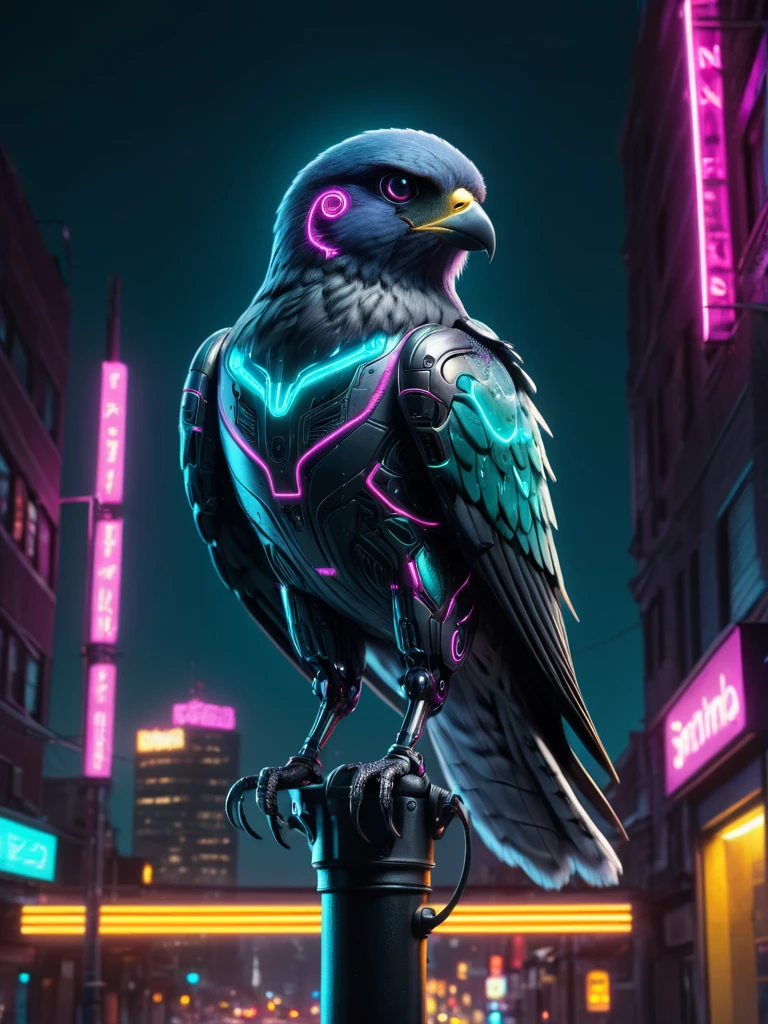 cyberpunk Pelegrino falcon on lamp post, dark dynamic pose, cityscape with neon lights, night scene, teal, magenta, yellow, (masterpiece:1.2), (best quality,4k,8k,highres,ultra-detailed:1.37), (hyperdetailed, highest detailed:1.2), high resolution textures, 