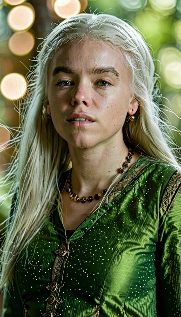 high resolution photo of rha3 woman with long white hair,she is wearing a green outfit,volumetric lighting and bokeh,the background is highly detailed,the shot is cinematic