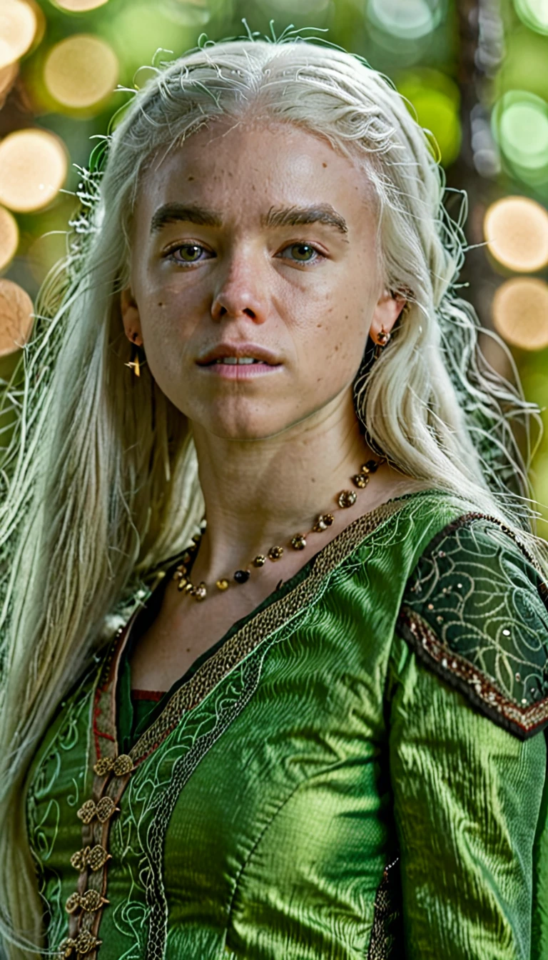 high resolution photo of rha3 woman with long white hair,she is wearing a green outfit,volumetric lighting and bokeh,the background is highly detailed,the shot is cinematic