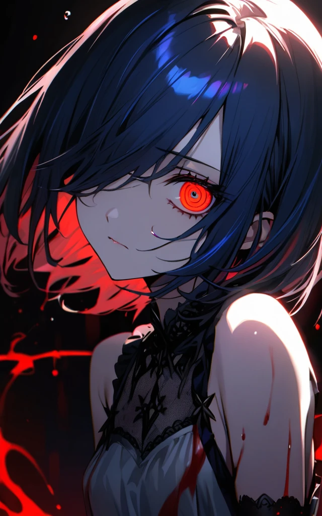 (masterpiece)、(absurdres)、(ultra detailed),Crazy Eyes、despair、Dark Side、closed mouth,Blood droplets、darkness,Blood pool space、Blood dripping background:1.3、solo girl、slender:1.1、shiny ultramarine hair、straight hair、short bobcut:1.1、hair covering one eye:1.1、small breast:0.8、ultramarine eyes、irisless eyes、white gothic dress,black detailed,birds-eye angle,