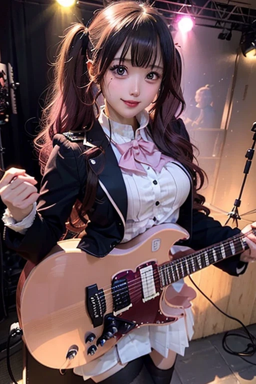 High school girl blazer、 uniform、Red checked knee-length skirt、Long skirt、JK Style、Jacket、smile、Knee-high socks、Thigh-high socks、pantyhose、A superb beauty、Super cute、ennui、Rare beauty、Twin tail hair、Black Dark Eyeshadow、Sad、Good skin glow、Long hair straightener、Dark Gothic Makeup、Dark Smile、Fragrant beauty、Stained glass background、Mastepiece、Best Quality、Refers to 5 books、Sweat glistening on my chest、Sweat glistening on my face、Small breasts、Dark pink hair、Age 22 years old、Slightly slim、Mysterious look、A sad expression、Pink Hair、mysterious gothic church、enchanting castle、Sweating profusely all over the body、A lot of sweat and light on the thighs、Shiny thighs、Plenty of sweat glistening on the thighs、A large amount of sweat glistens on my thighs、Sweating profusely、Gal、Small breasts、japanese face、Alluring expression、Thin thighs、Playing guitar、I have a guitar、Sing a song enthusiastically、Playing guitar in a band、Playing guitar chords、Live House Background、Sing a song、Open your mouth、Live house scenery、Mike stand、Glamorous live stage、Dynamic Angle、