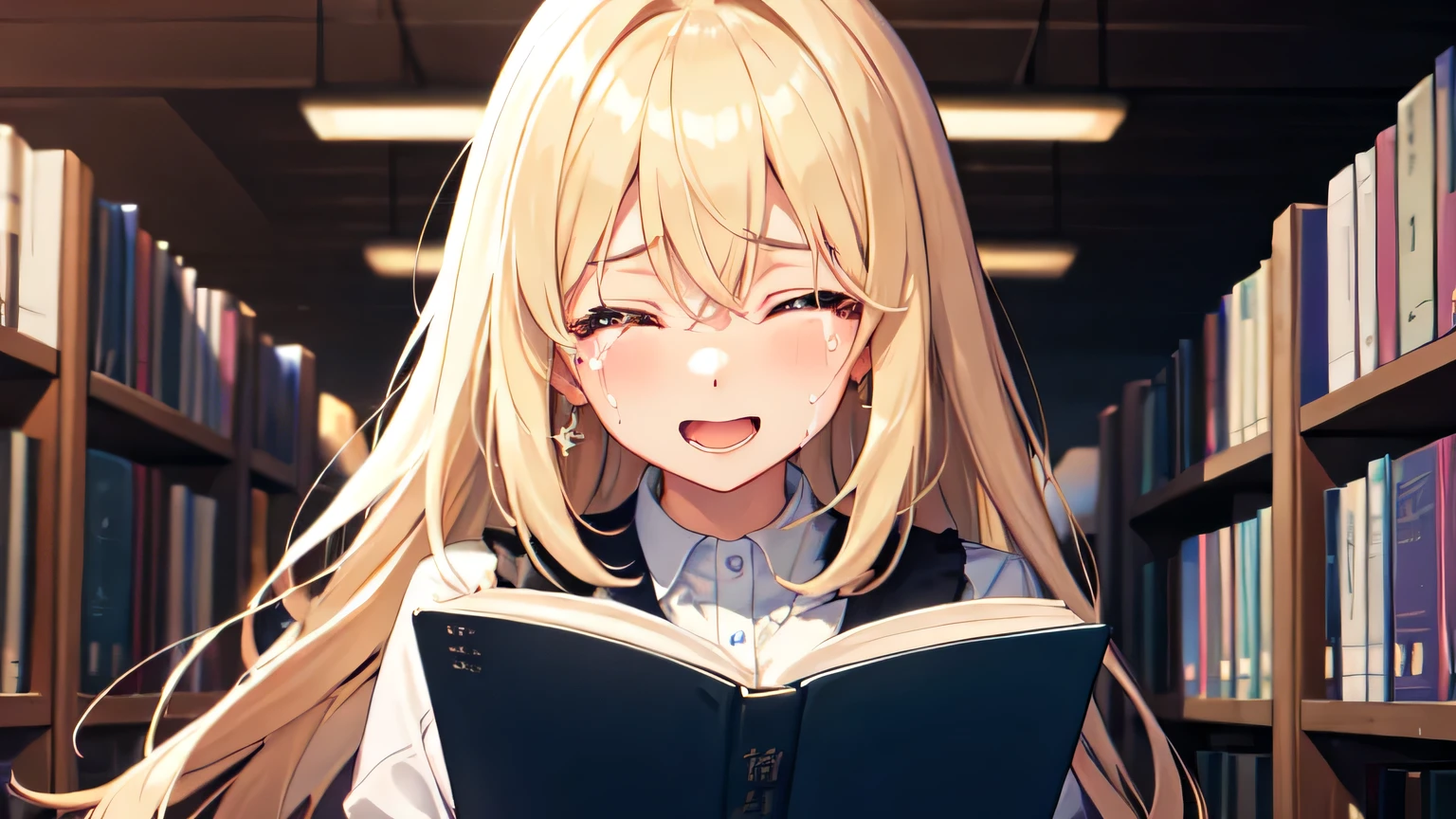 ((Highest quality)), ((masterpiece)), (detailed), One girl, library、Reading a book、Crying and laughing、blonde、Smooth Hair、Close ~ eyes、