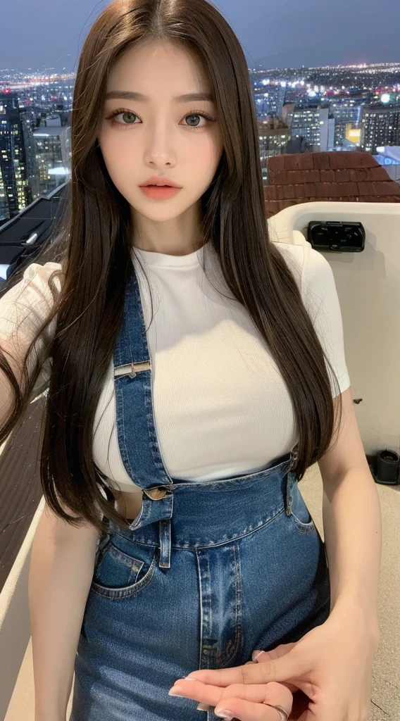 ((Midnight, Highest quality, 8K, masterpiece :1.3)), whole body, Long legs, Sharp focus :1.2, Beautiful woman with perfect figure :1.4, Slim Abs :1.1, ((Dark brown hair, Big Breasts :1.2)), (White tight T-shirt, Jean Bib, Are standing:1.2), ((Night city view, rooftop:1.3)), Highly detailed face and skin texture, Fine grain, double eyelid