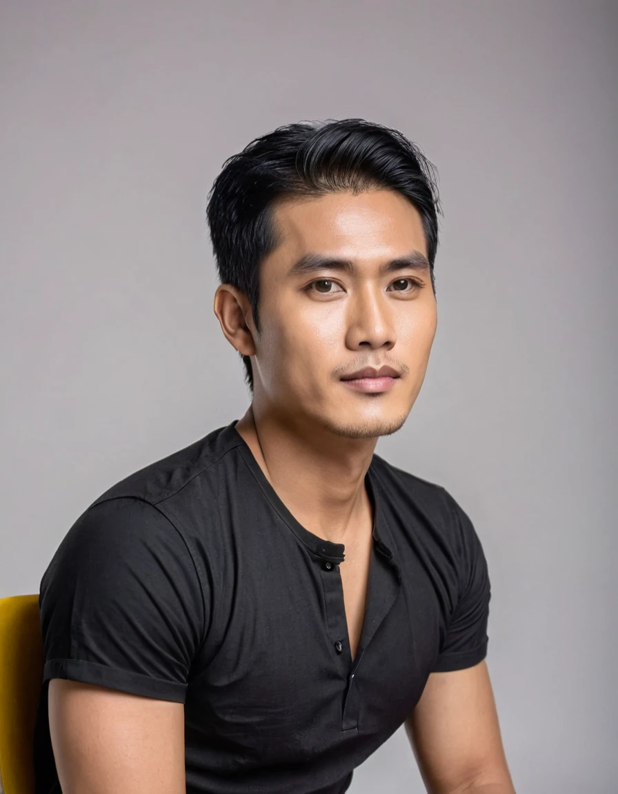 A handsome Indonesian man, 30 years old, with short hair, wearing a black shirt, sitting on a chair, facing forward.