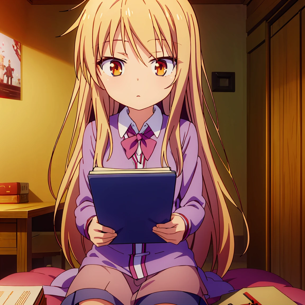 Teenage anime girl, Shiina Mashiro, Mashiro, Sakurasou anime, long blonde hair, orange eyes, expressionless, , witch outfit, magic book, Wooden room, Pictures, posters