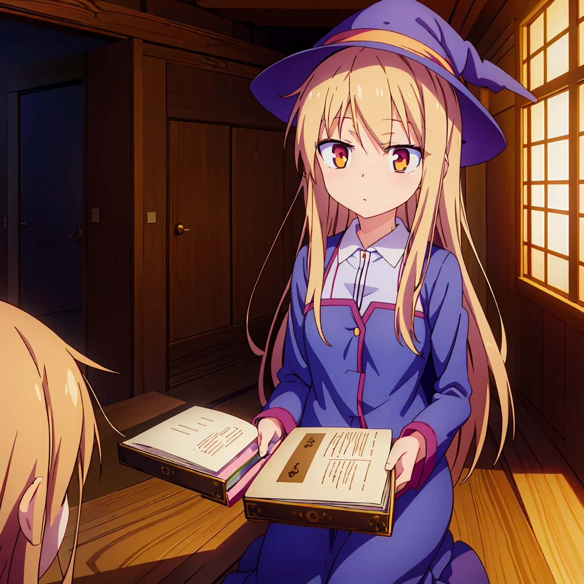 Teenage anime girl, Shiina Mashiro, Mashiro, Sakurasou anime, long blonde hair, orange eyes, expressionless, , witch outfit, magic book, Wooden room, Pictures, posters