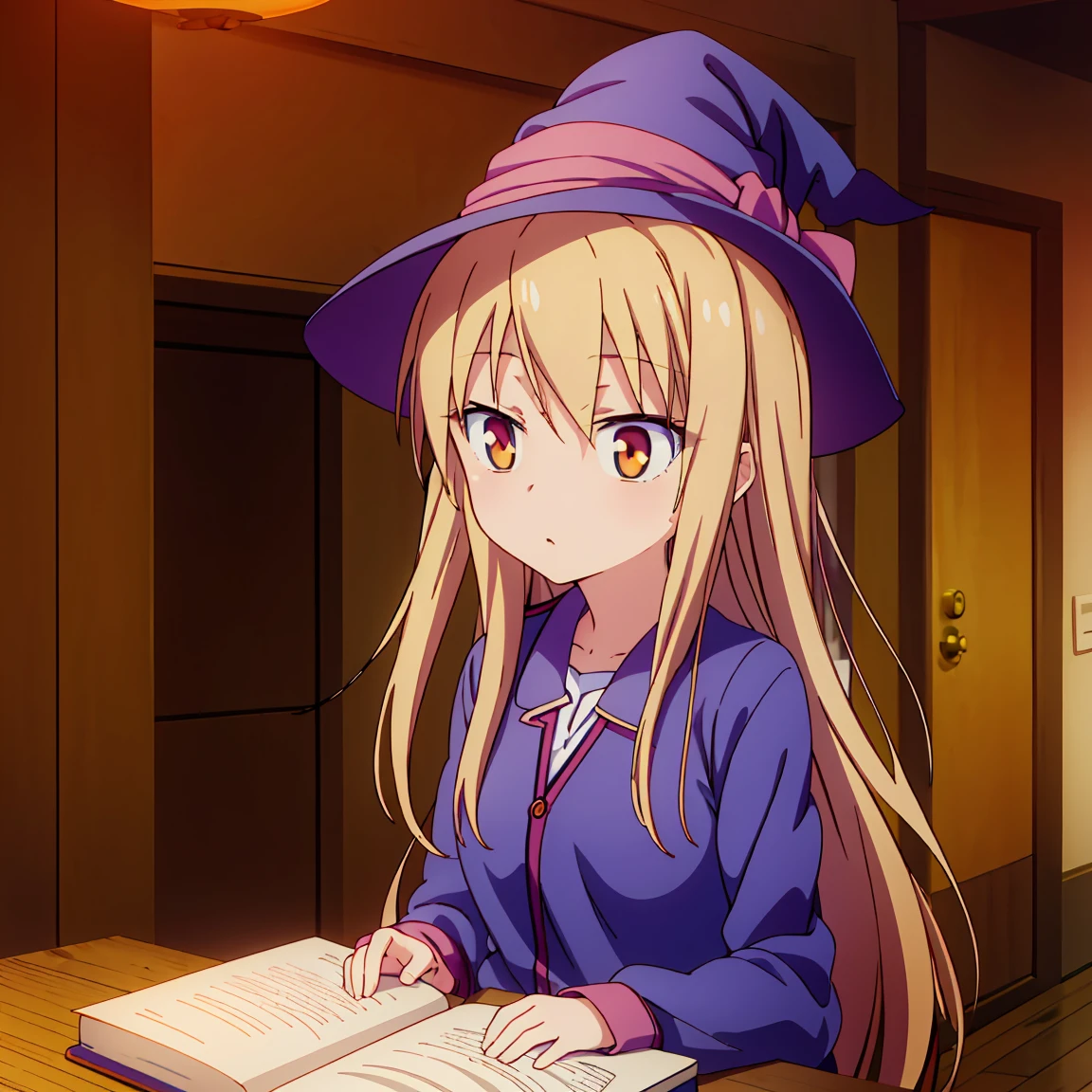 Teenage anime girl, Shiina Mashiro, Mashiro, Sakurasou anime, long blonde hair, orange eyes, expressionless, , witch outfit, magic book, Wooden room, Pictures, posters