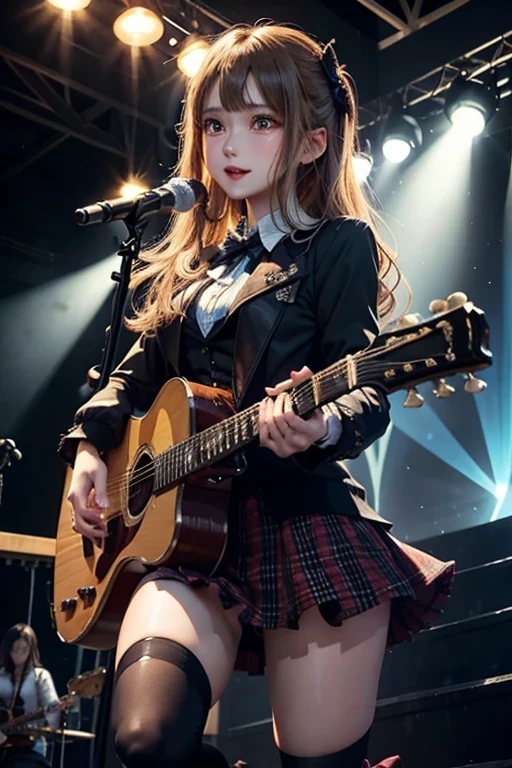 High school girl blazer、 uniform、Red checked knee-length skirt、Long skirt、JK Style、Jacket、smile、Knee-high socks、Thigh-high socks、pantyhose、A superb beauty、Super cute、ennui、Rare beauty、Black Dark Eyeshadow、Sad、Good skin glow、Long hair straightener、Dark Gothic Makeup、Dark Smile、Fragrant beauty、Stained glass background、Mastepiece、Best Quality、Refers to 5 books、Sweat glistening on my chest、Sweat glistening on my face、Small breasts、Golden Hair、Age 22 years old、Slightly slim、Mysterious look、A sad expression、Gold Hair、mysterious gothic church、enchanting castle、Sweating profusely all over the body、A lot of sweat and light on the thighs、Shiny thighs、Plenty of sweat glistening on the thighs、A large amount of sweat glistens on my thighs、Sweating profusely、Gal、Small breasts、japanese face、Alluring expression、Thin thighs、Playing guitar、I have a guitar、Sing a song enthusiastically、Playing guitar in a band、Playing guitar chords、Live House Background、Sing a song、Open your mouth、Live house scenery、Mike stand、Glamorous live stage、Dynamic Angle、Platform boots、Are standing、Hime cut hair、Gothloli 、