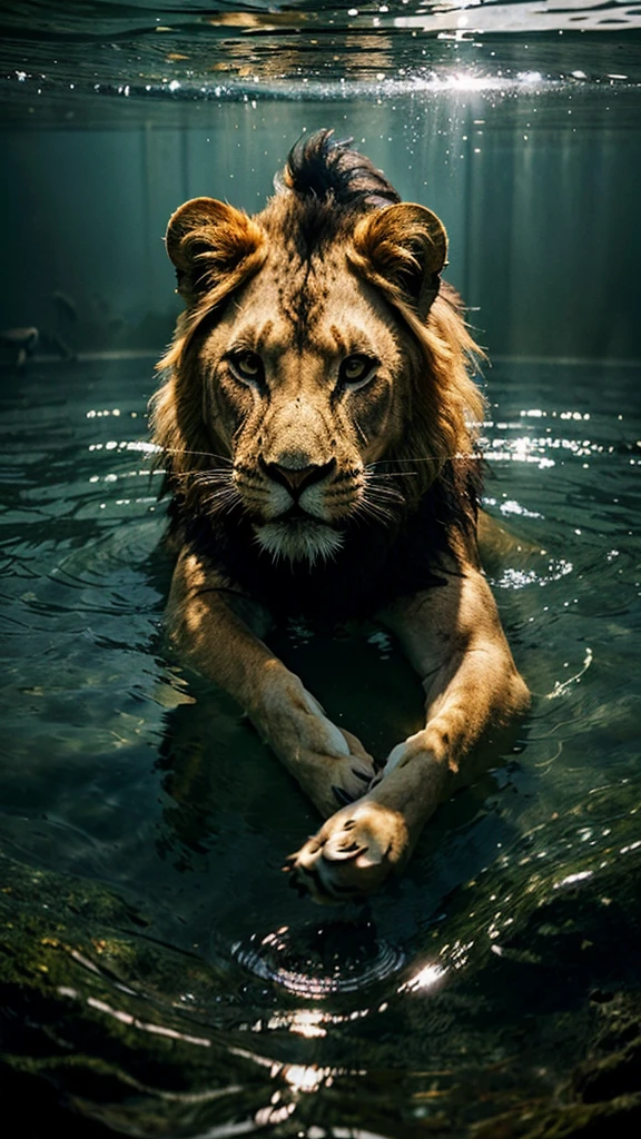 COVER FOR A MUSIC ALBUM TITLE SUBMERGED A LION IMMERSED IN WATER