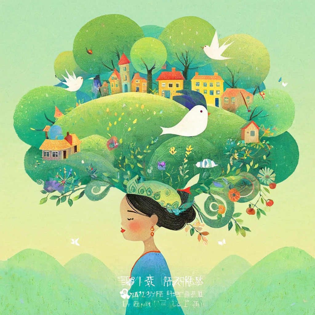 Digital illustration art, a comical illustration of a *********** adorned with many houses, trees, roots, a little swallow, etc. on her head. Her hair is composed of many houses and trees, and the background is green trees and hills (the background blends with the ***********'s hair). Surrounded on both sides, it evokes the charm of a charming rural landscape. White background, the whimpering sound of Chinese calligraphy, vivid Ferdinand du Puigaudeau, Victor nizovtsev, retro tones, sparkling, reflective, best number, 8K, high-definition, high-resolution, dual exposure, beautiful digital illustrations,