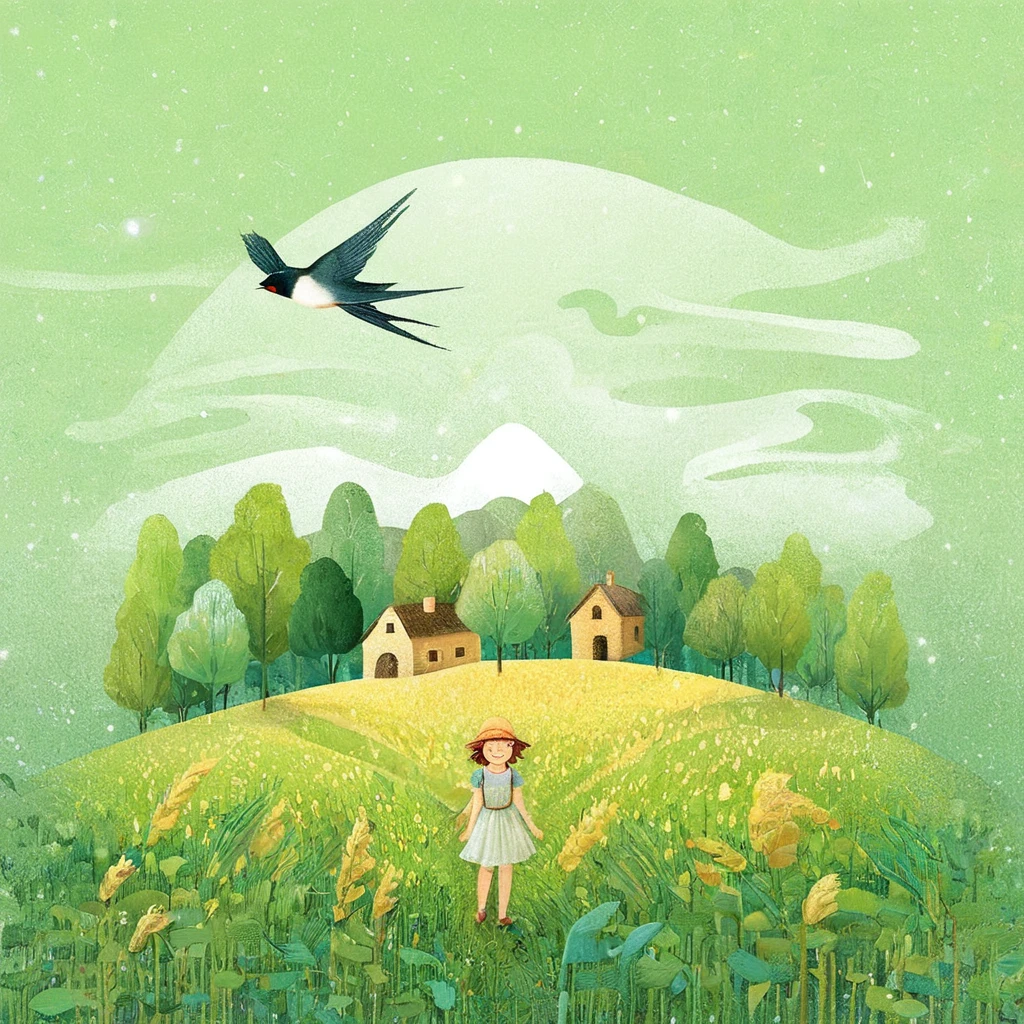 Digital illustration art, a comical illustration of a little girl adorned with many houses, trees, roots, a little swallow, etc. on her head. Her hair is composed of many houses and trees, and the background is green trees and hills (the background blends with the little girl's hair). Surrounded on both sides, it evokes the charm of a charming rural landscape. White background, the whimpering sound of Chinese calligraphy, vivid Ferdinand du Puigaudeau, Victor nizovtsev, retro tones, sparkling, reflective, best number, 8K, high-definition, high-resolution, dual exposure, beautiful digital illustrations,